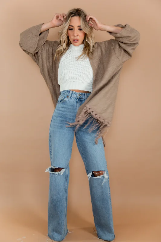 Fringe Poncho Sweater - Beige