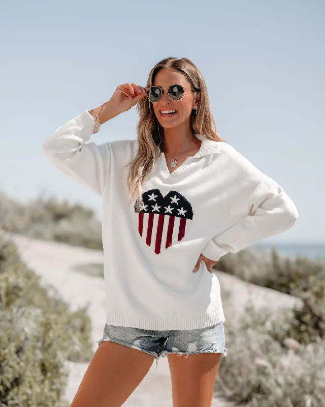 Ivory Heart Shaped American Flag Sweater - FINAL SALE