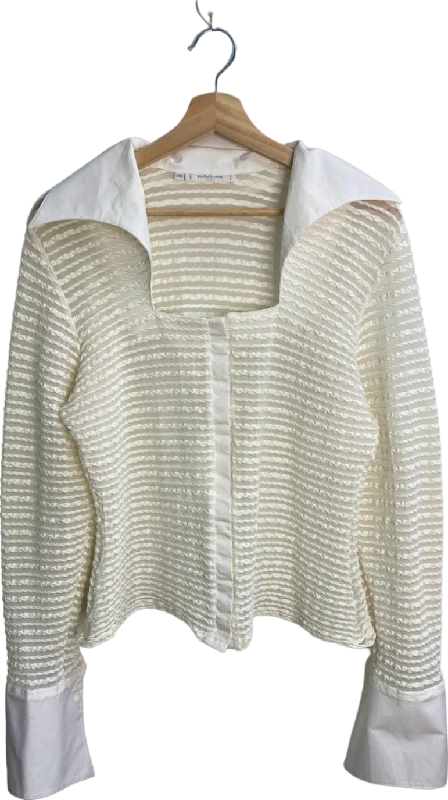 Rayure Paris Vintage White Sheer Striped dramatic collar Blouse UK L