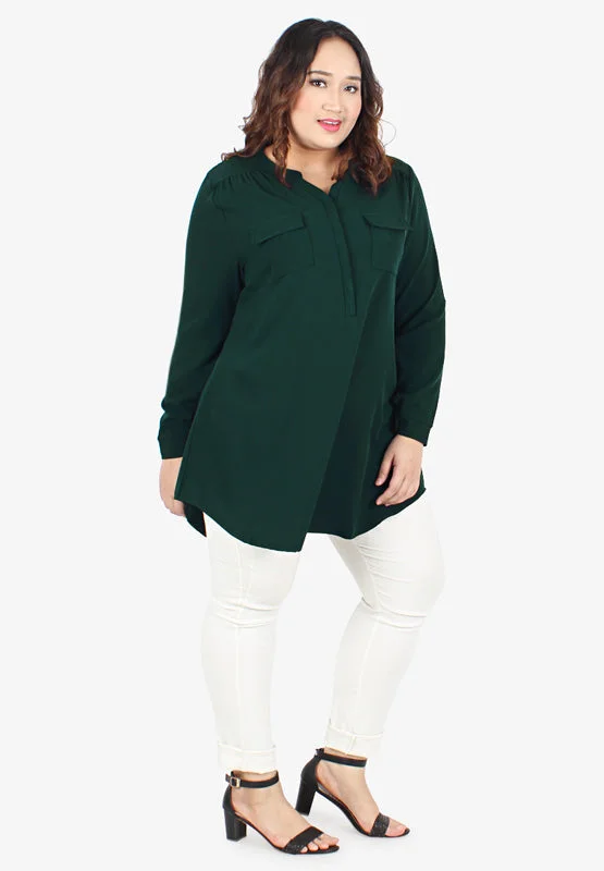 Henrietta Half Button Collarless Granddad Shirt - Forest Green