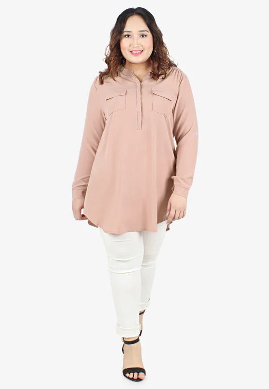 Henrietta Half Button Collarless Granddad Shirt - Dusty Pink