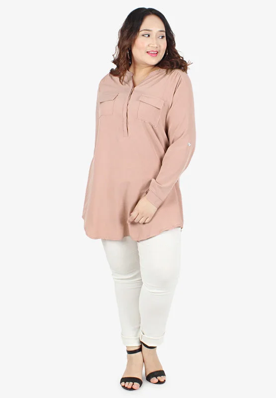 Henrietta Half Button Collarless Granddad Shirt - Dusty Pink