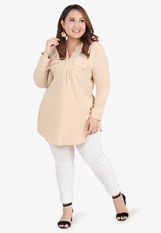 Henrietta Half Button Collarless Granddad Shirt - Nude