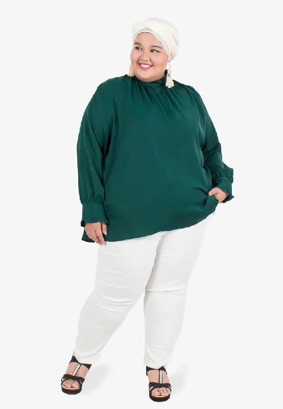 Geneva Gathered High Neck Blouse - Dark Green