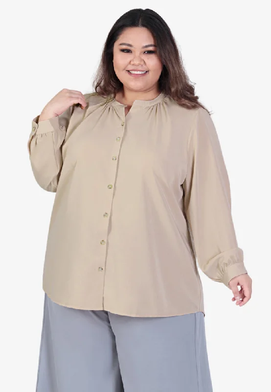 Pammy Gathered Collar Button Blouse - Nude Brown