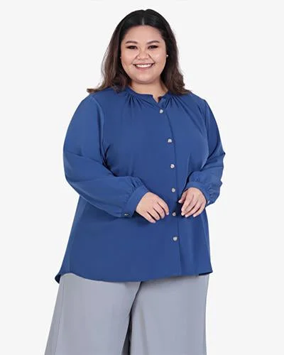 Pammy Gathered Collar Button Blouse - Blue