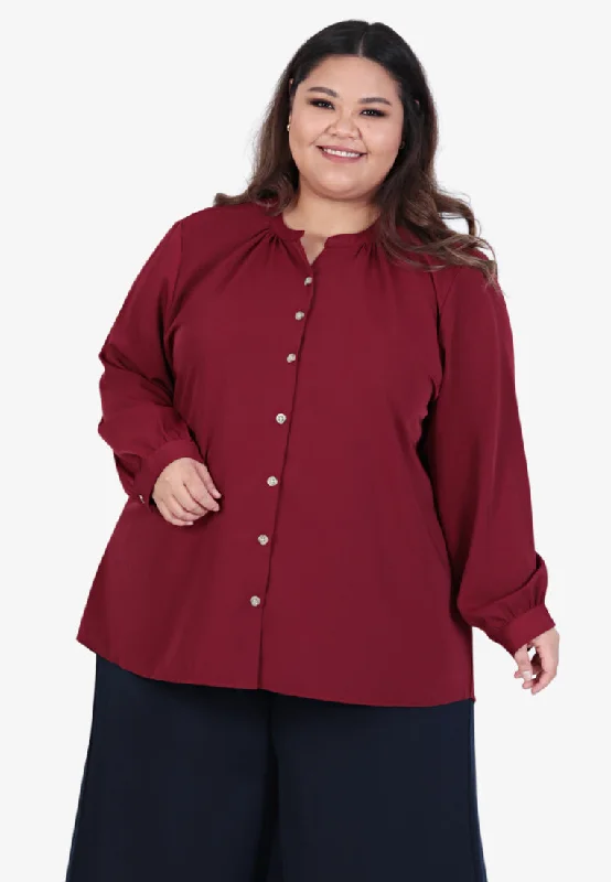 Pammy Gathered Collar Button Blouse - Maroon