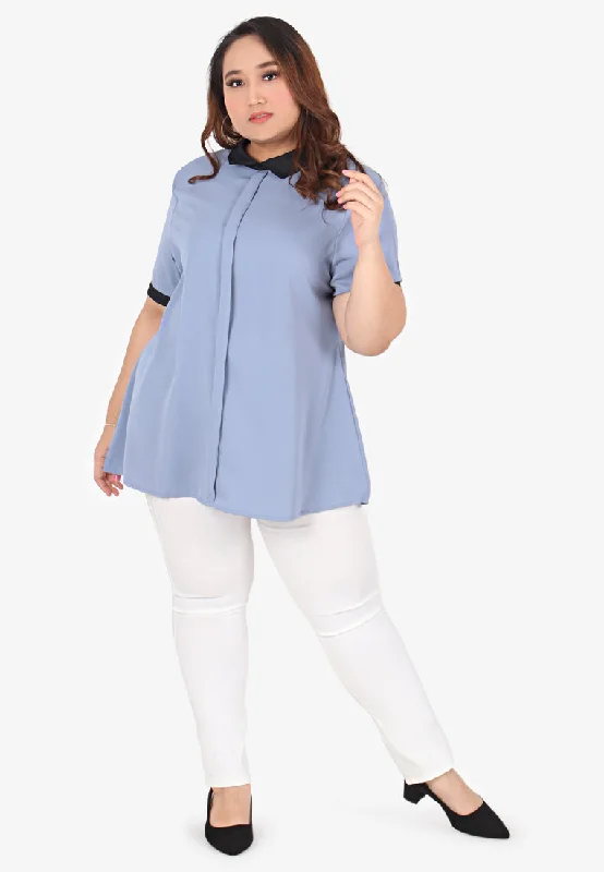 Becca Black Collar Short Sleeve Blouse - Creamy Blue