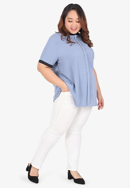 Becca Black Collar Short Sleeve Blouse - Creamy Blue