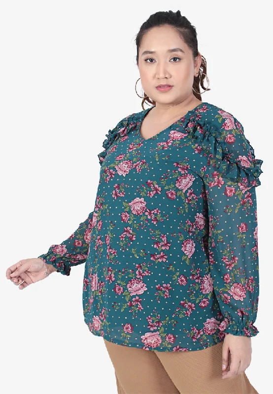 Remisa Chiffon Ruffles Floral Blouse - Teal