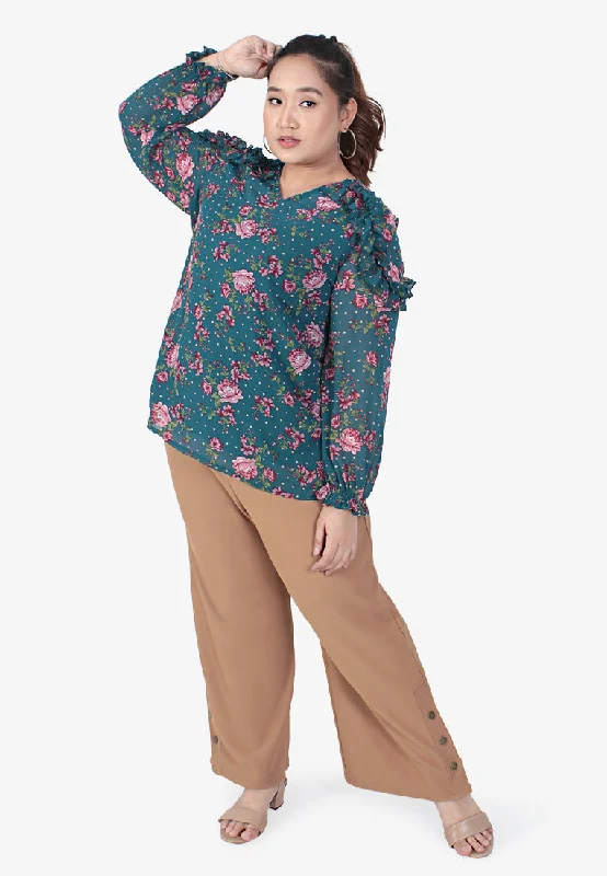 Remisa Chiffon Ruffles Floral Blouse - Teal