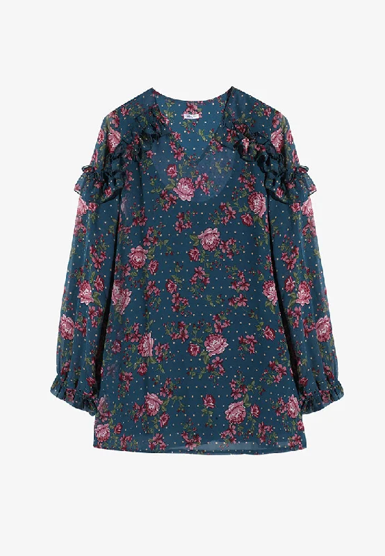 Remisa Chiffon Ruffles Floral Blouse - Teal