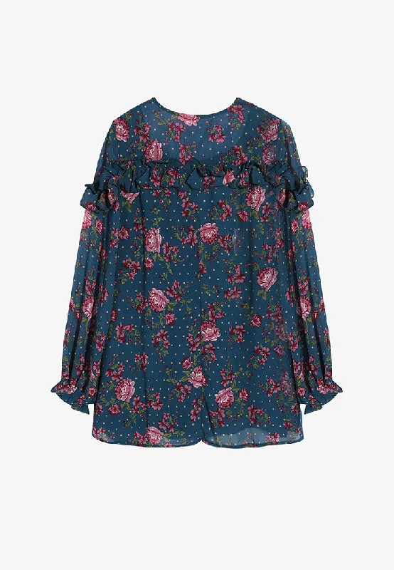 Remisa Chiffon Ruffles Floral Blouse - Teal