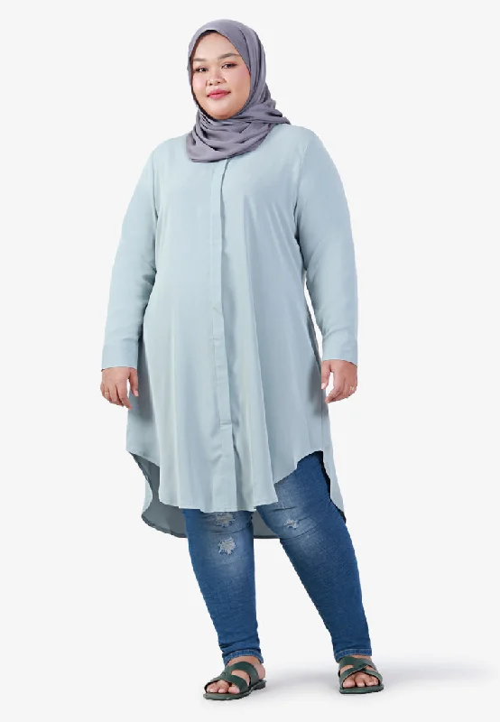 Lilly Long Tunic Shirt Dress - Light Aqua Grey