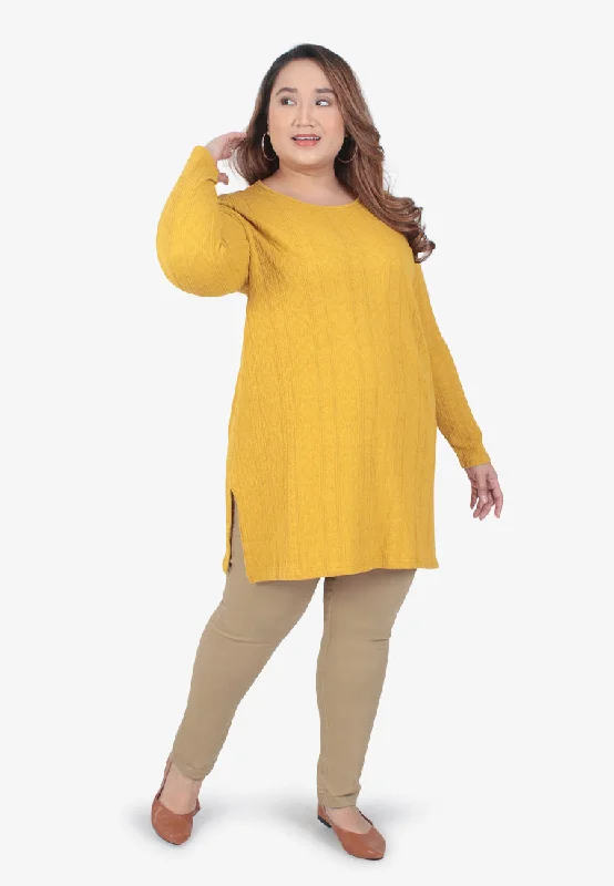 Kayla Knit Feel Textured Tunic Top - Mustard Yellow