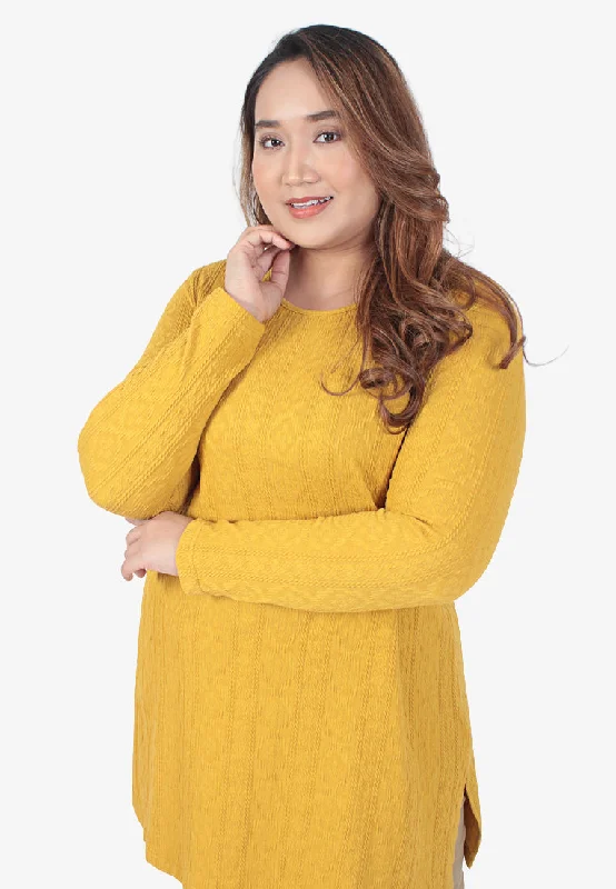 Kayla Knit Feel Textured Tunic Top - Mustard Yellow