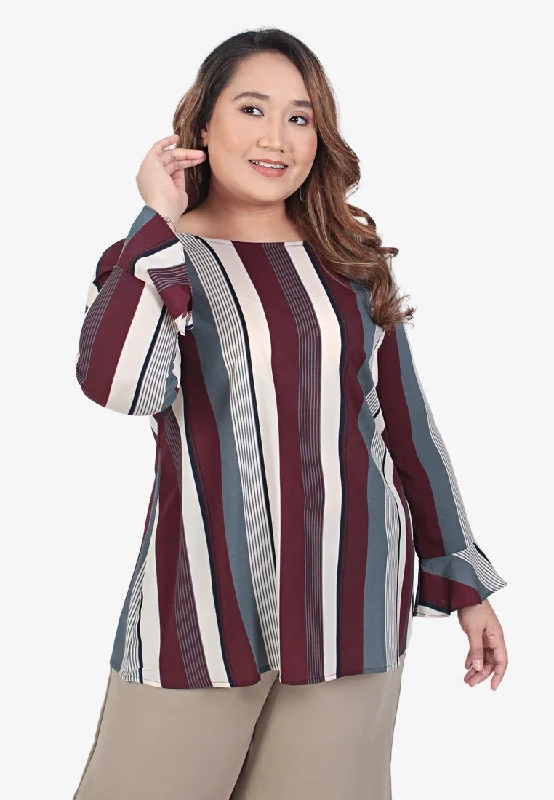 Scarletta Stripes Mini Trumpet Sleeves Blouse - Blue Maroon