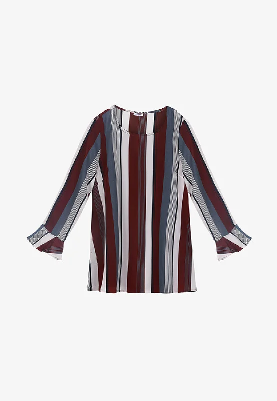 Scarletta Stripes Mini Trumpet Sleeves Blouse - Blue Maroon