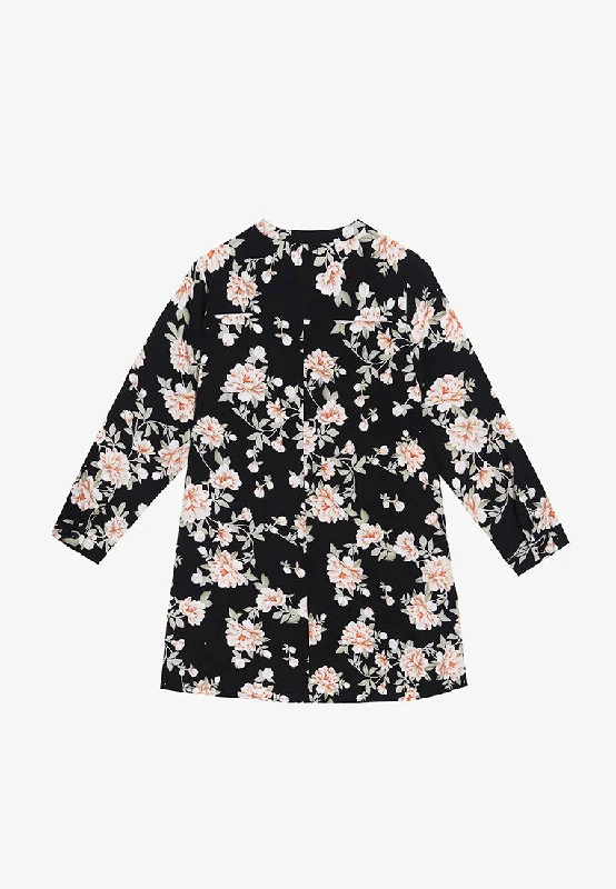 Calista Stand Collar Floral Blouse - Black