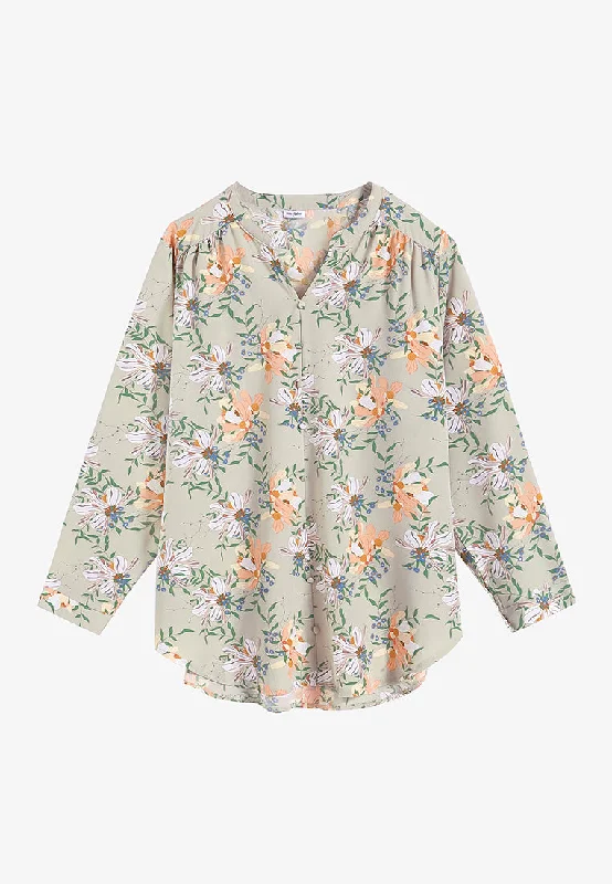 Fedella Faux Buttons Prints Blouse - Smoke Green