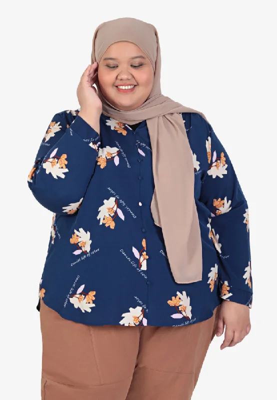 Fedella Faux Buttons Prints Blouse - Dark Blue