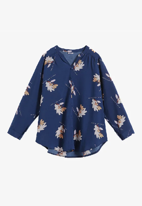 Fedella Faux Buttons Prints Blouse - Dark Blue