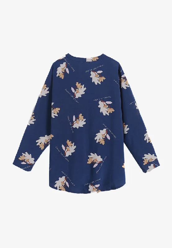 Fedella Faux Buttons Prints Blouse - Dark Blue