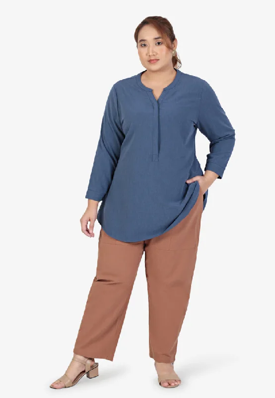 Hildy 7/8 Sleeves Half Button Blouse - Blue