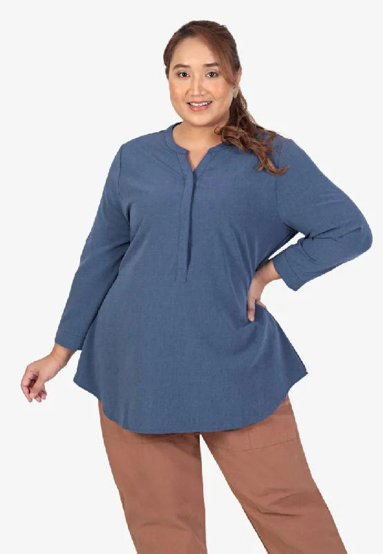 Hildy 7/8 Sleeves Half Button Blouse - Blue