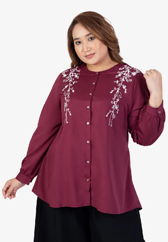 Eiza Embroidery Button Blouse - Maroon