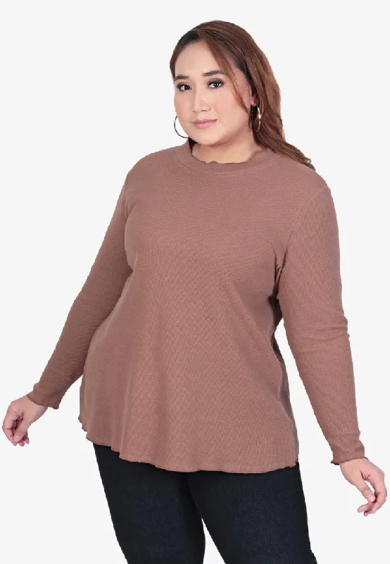 Rossa Lettuce Collar Waffle Top - Brown