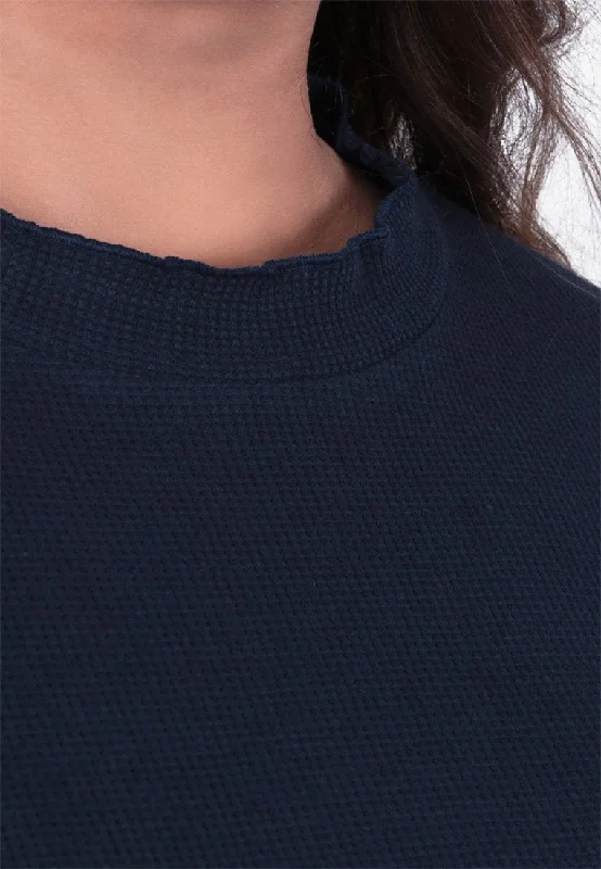 Rossa Lettuce Collar Waffle Top - Navy Blue