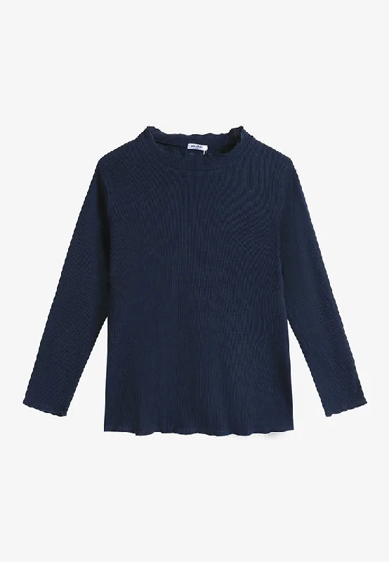 Rossa Lettuce Collar Waffle Top - Navy Blue