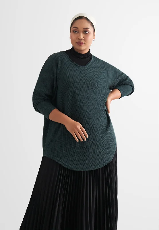 Wanetta Waffle Scoop Neck Knitted Long Top - Black