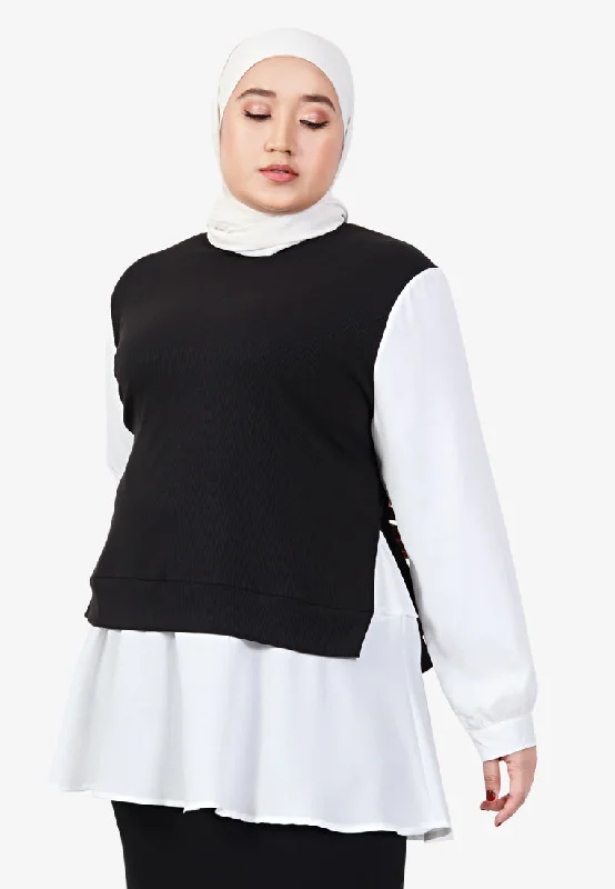 Hitomi Crew Neck Fake Two Piece Blouse - Black