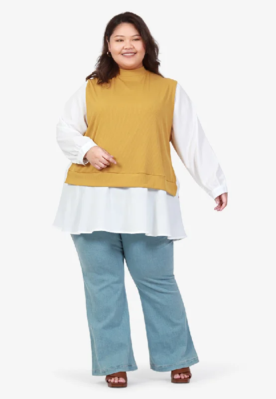 Hitomi Crew Neck Fake Two Piece Blouse - Yellow