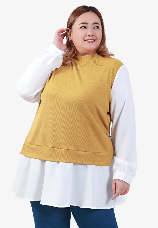 Hitomi Crew Neck Fake Two Piece Blouse - Yellow