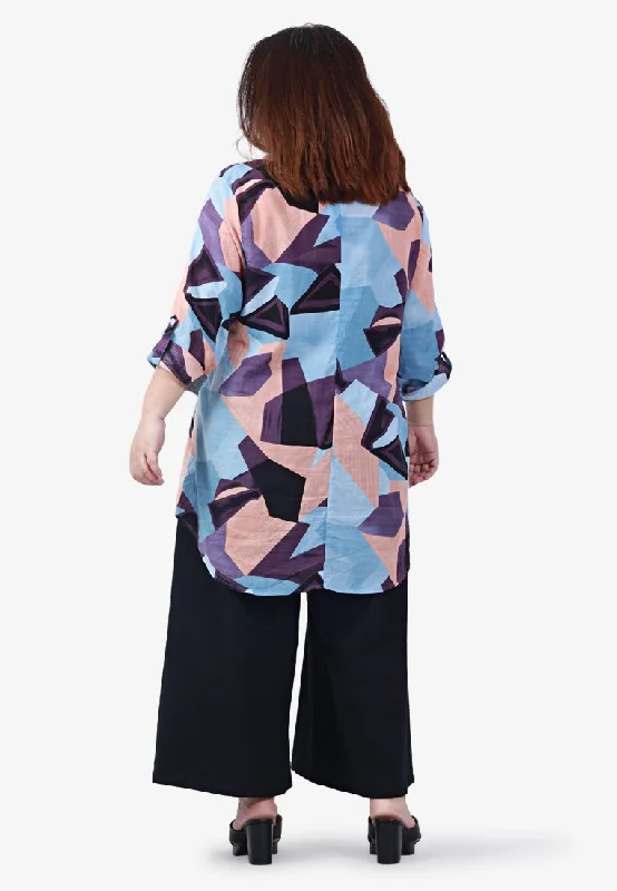 Greta Half Button Collarless Shirt - Blue Mix Shapes