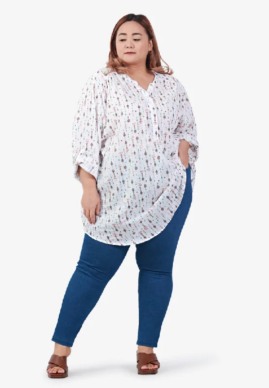 Greta Half Button Collarless Shirt - Blue Mix Shapes