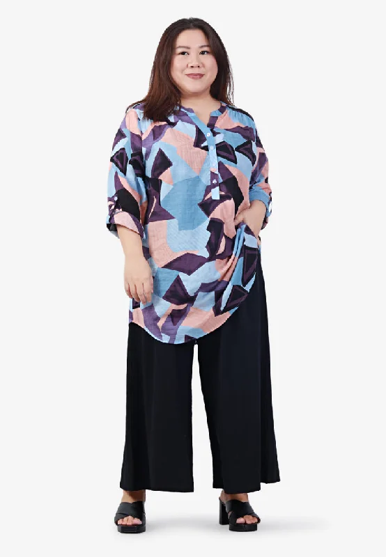 Greta Half Button Collarless Shirt - Purple Patchwork