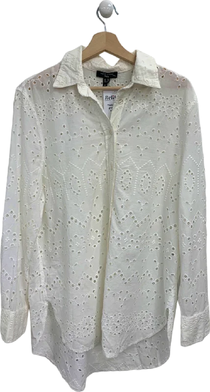 New Look White Embroidered Long Sleeve Blouse UK 10