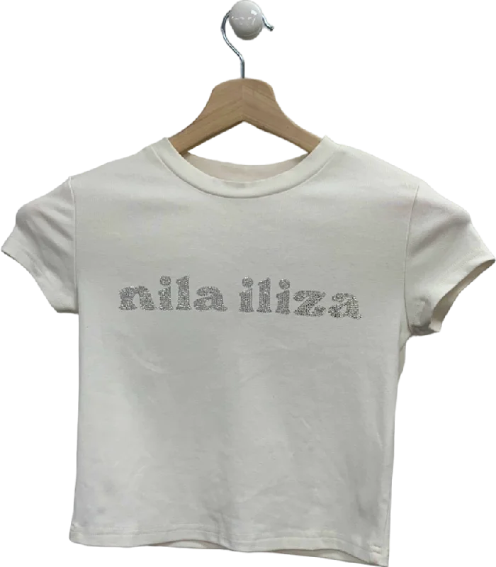 Nila Iliza White Rhinestone Logo T-Shirt UK S