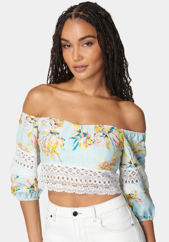 Off Shoulder Crochet Lace Detail Linen Top