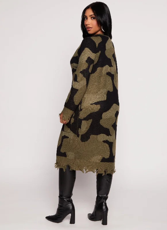 Camo Distressed Long Cardigan