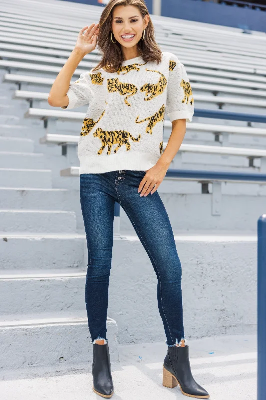 On The Prowl Ivory White Tiger S/S Sweater