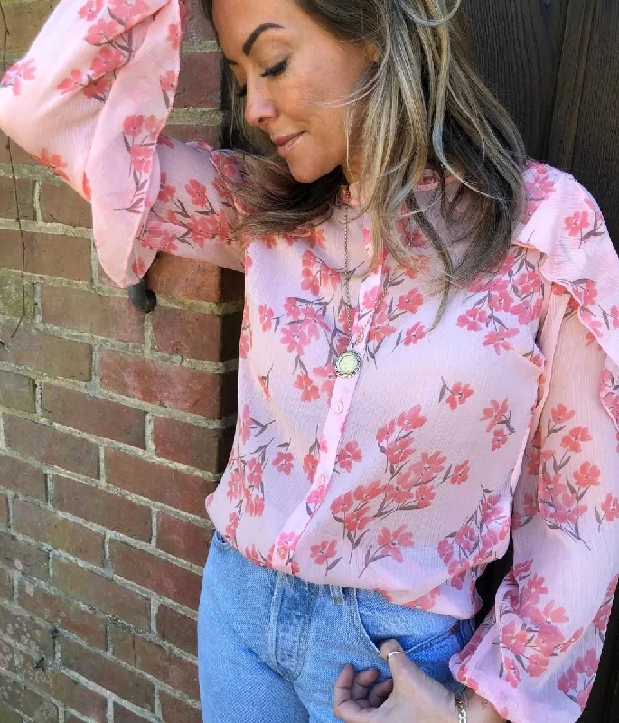 Pink Floral Sheer Ruffle Blouse