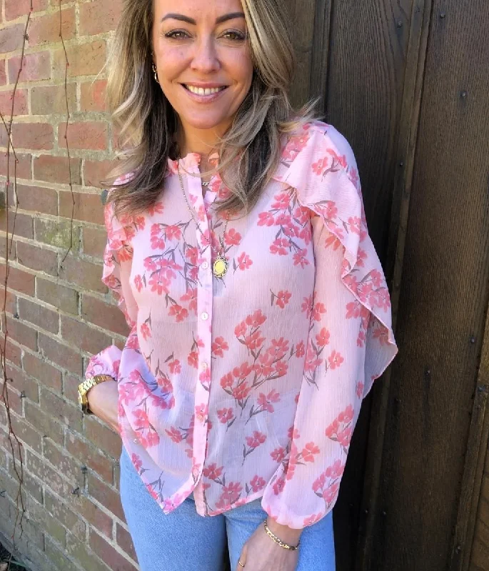 Pink Floral Sheer Ruffle Blouse