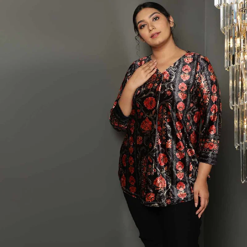 Block Floral V Neck Velvet Top