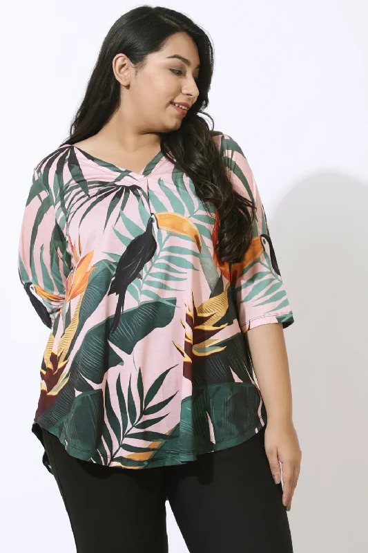 Plus Size Pink Tropical Print Centre Pleat Top