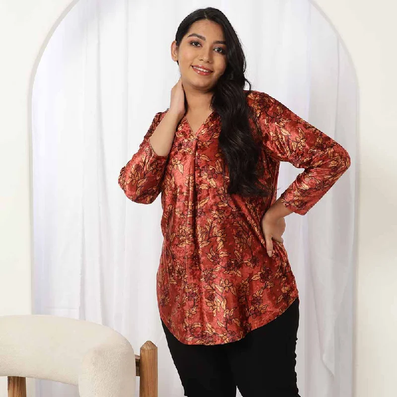 Rust Blossom V Neck Velvet Top